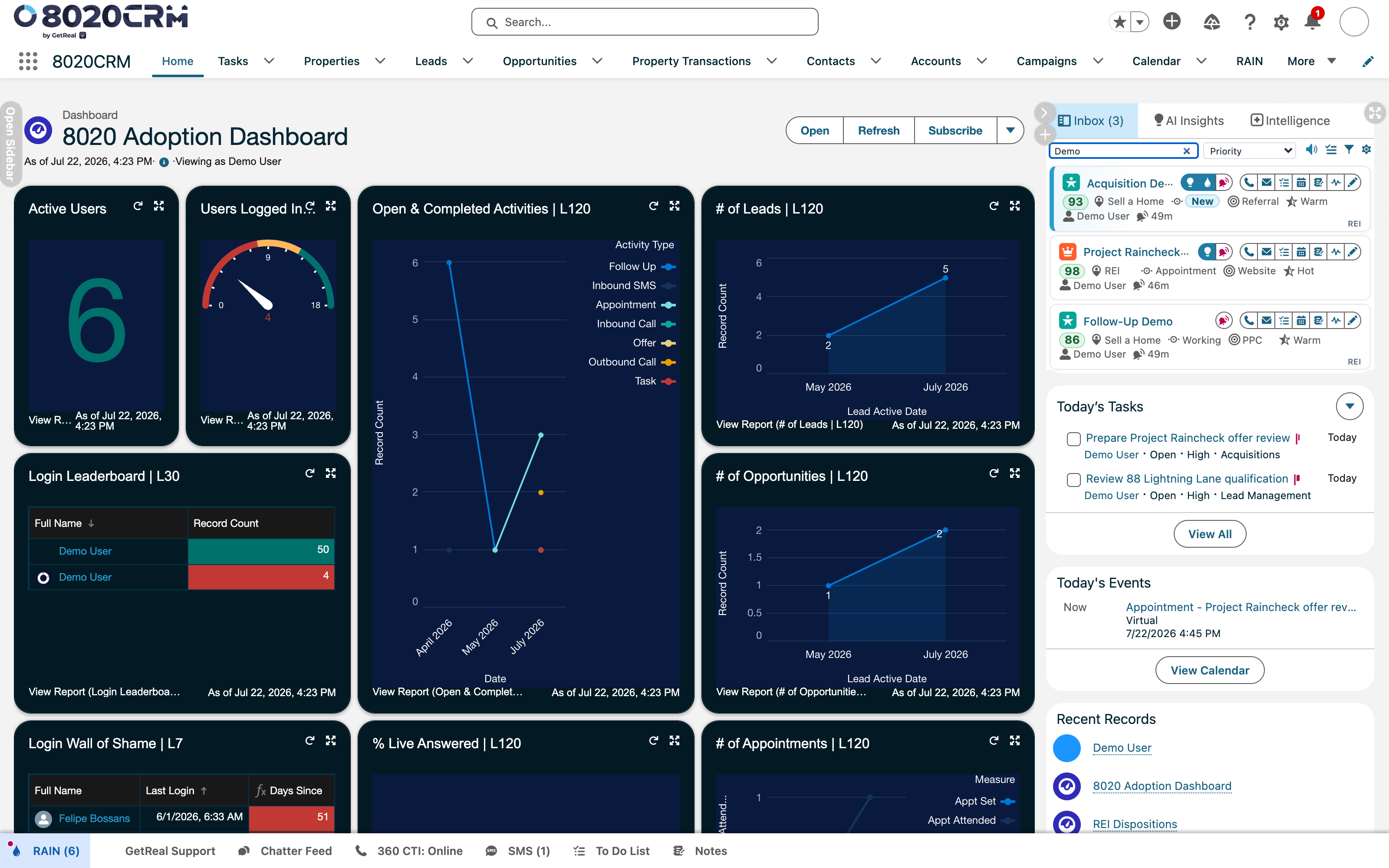 8020CRM home workspace with navigation and an operational dashboard