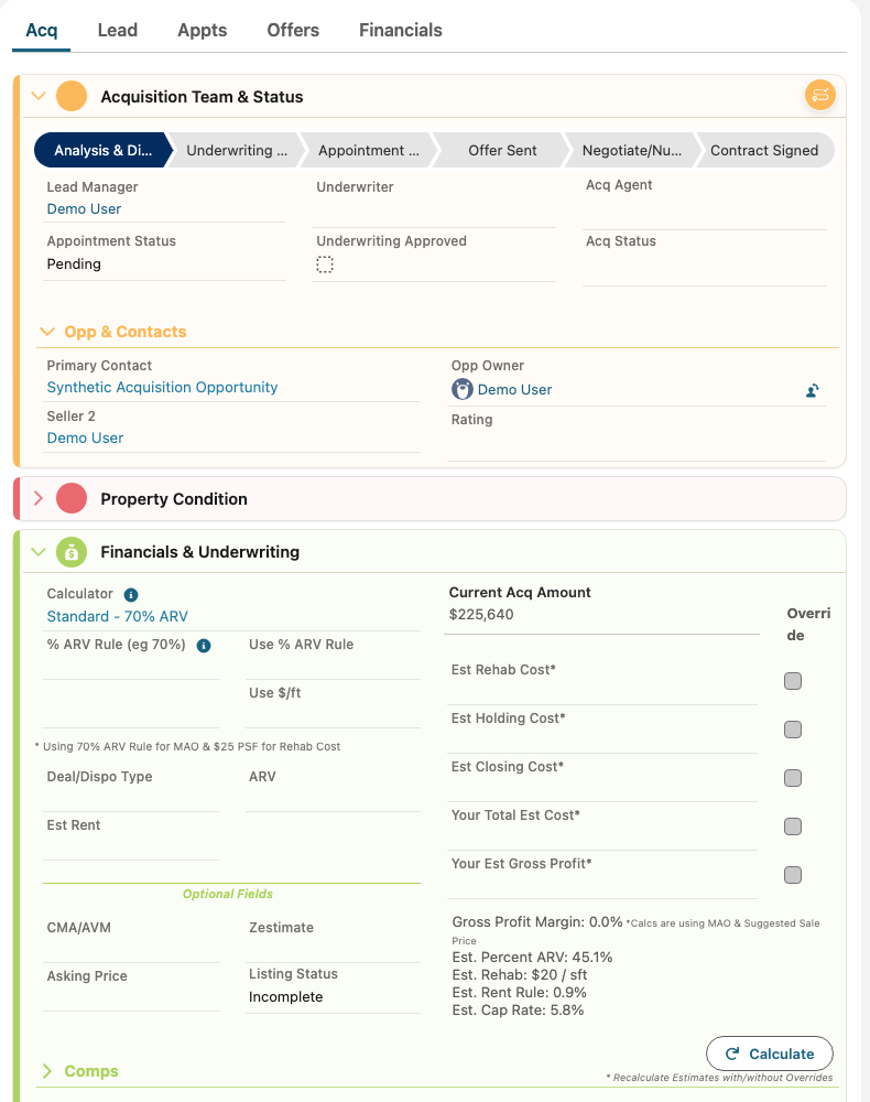 Acquisition Financials and Underwriting section with calculator assumptions, optional fields, estimates, overrides, and Calculate