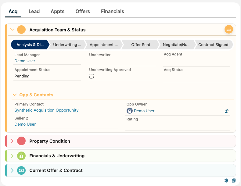 Acquisition workspace with lifecycle tabs, team and status, contacts, Property condition, financials, and current-offer sections