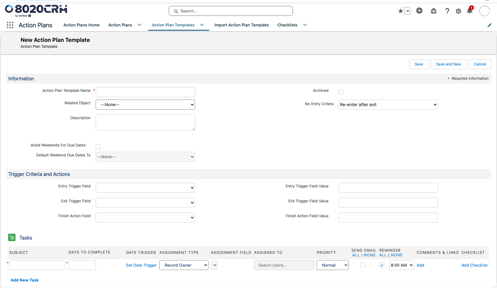 New Action Plan Template editor showing trigger criteria, actions, task timing, assignment, reminders, comments, and checklist controls