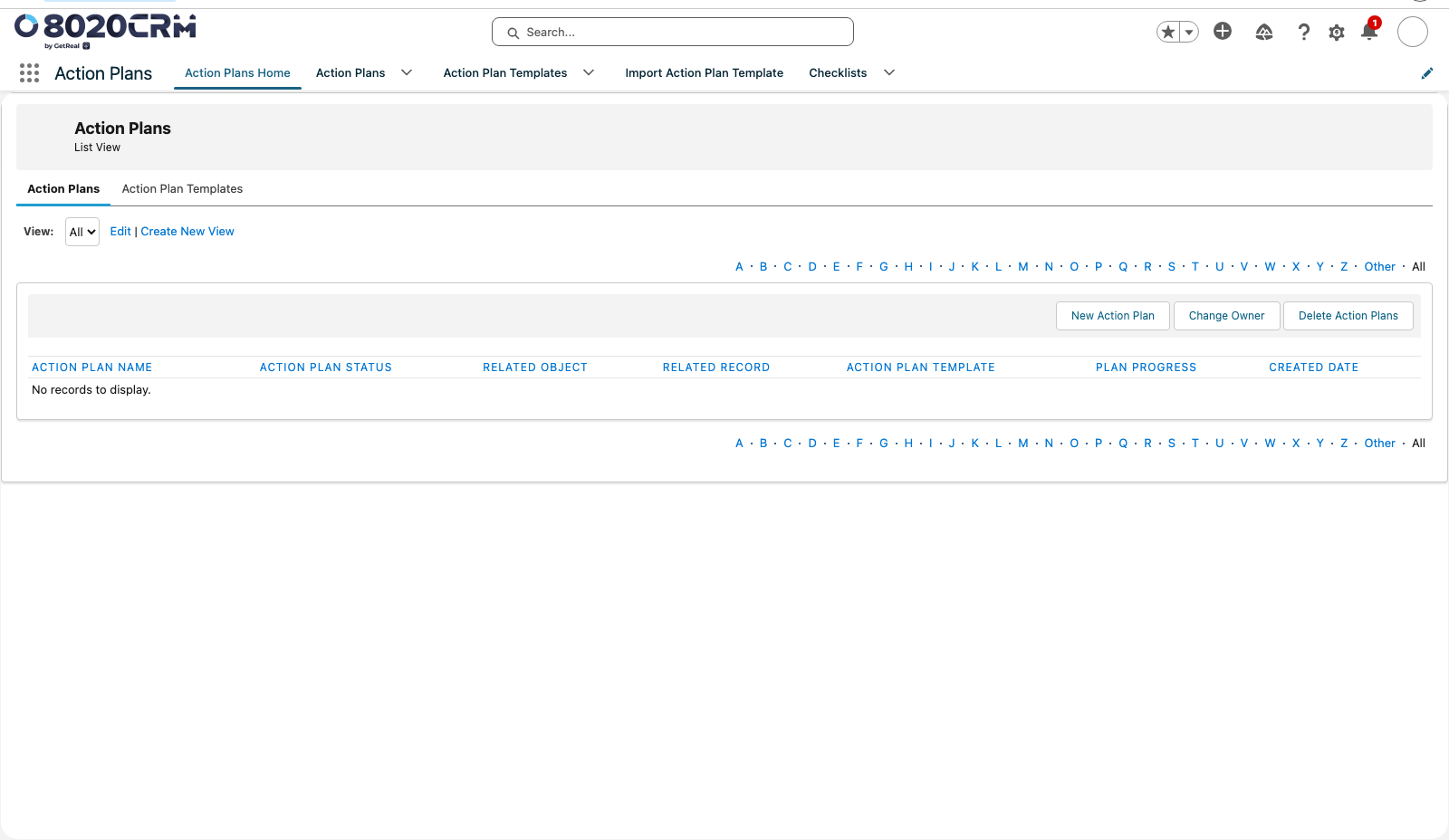 Action Plans app showing its Home, Action Plans, templates, import, and checklist navigation