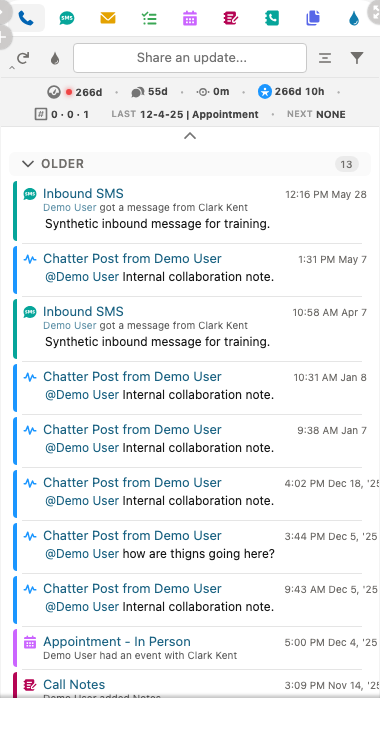 Call action with a sanitized calling context and activity timeline