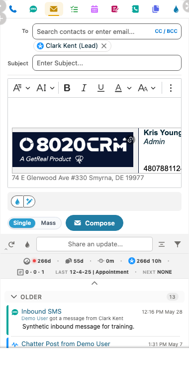 Email action with recipient, subject, Single or Mass mode, and Compose control