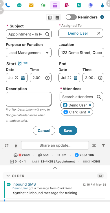 Event action with subject, owner, purpose, location, dates, times, attendees, reminder, and save controls