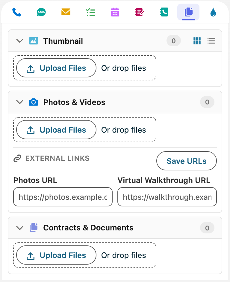 Files action with Thumbnail, Photos and Videos, and External Links sections