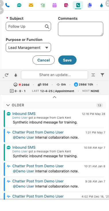 Log Call action with subject, purpose, comments, and save controls