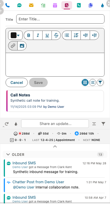 Note action with title, rich-text editor, save controls, and a synthetic existing note