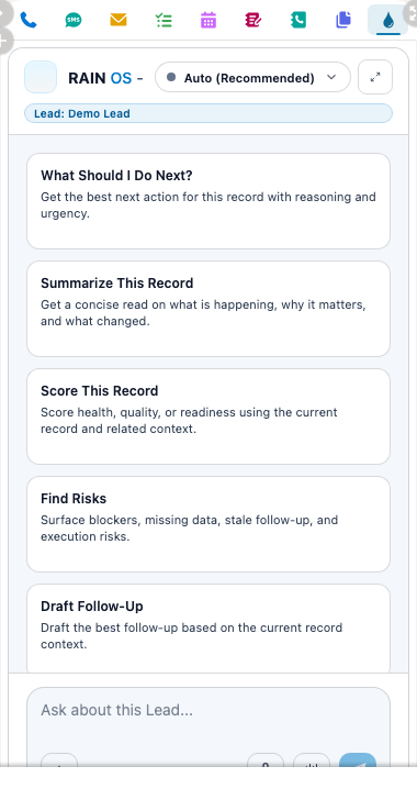 RAIN action with record-aware next-action, summary, scoring, risk, and follow-up prompts