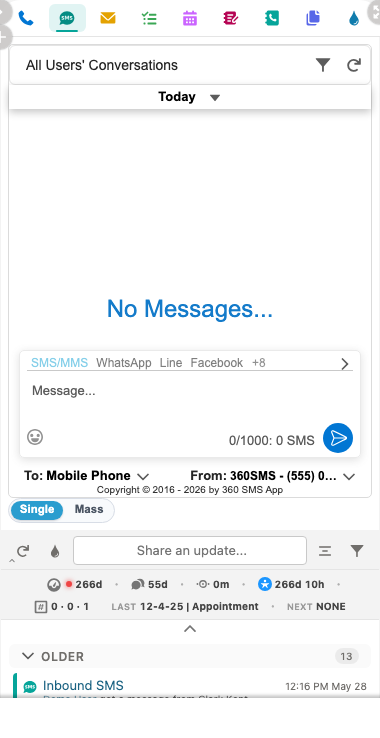 SMS action with conversation, message, sender, recipient, and Single or Mass controls