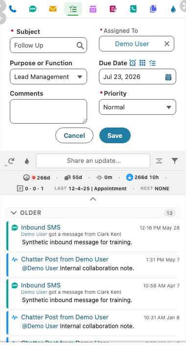 Task action with subject, purpose, owner, due date, comments, priority, and save controls