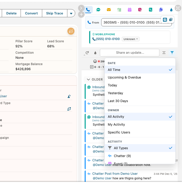 Activity timeline filter menu showing Date, Owner, and Activity groups
