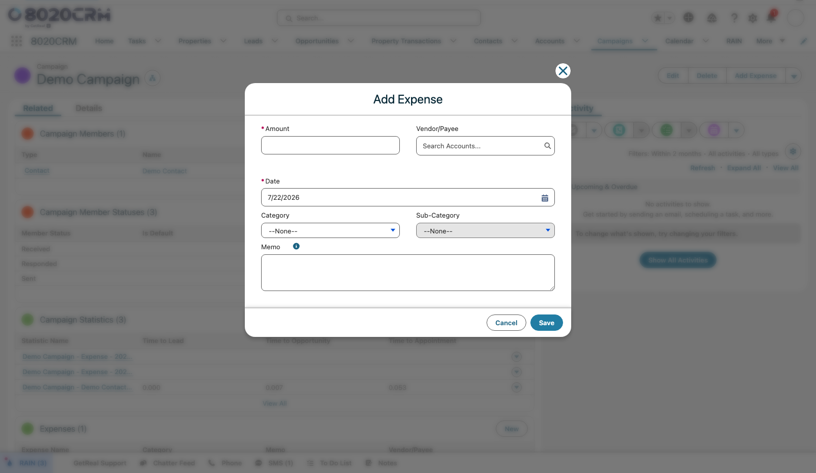 Add Expense action showing required amount and date with optional vendor, category, subcategory, and memo fields