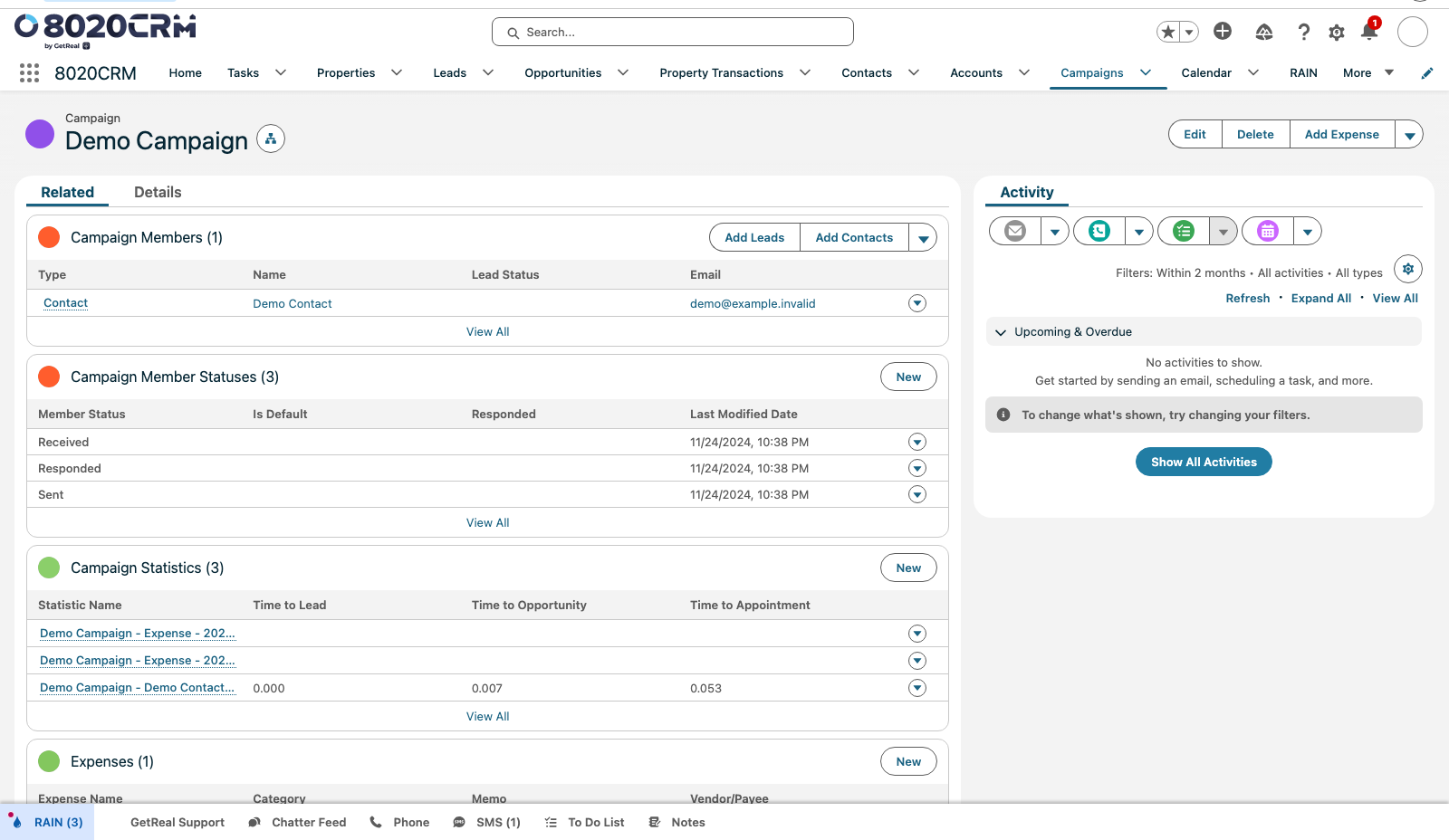 Campaign record with members, Campaign Statistics, Expenses, and activity context visible