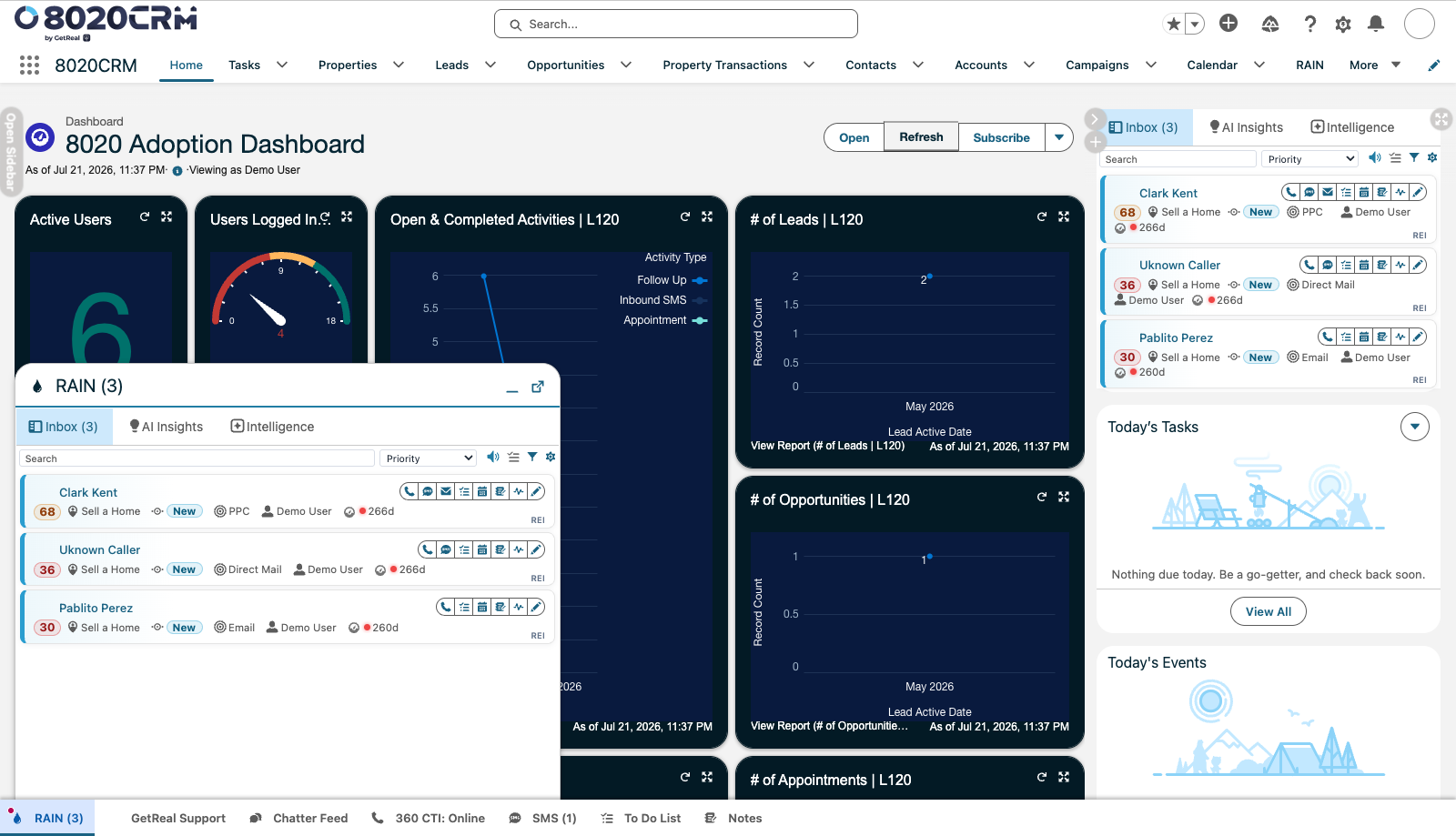 8020CRM Home with the refreshed dashboard, right sidebar, full utility bar, and RAIN Inbox expanded
