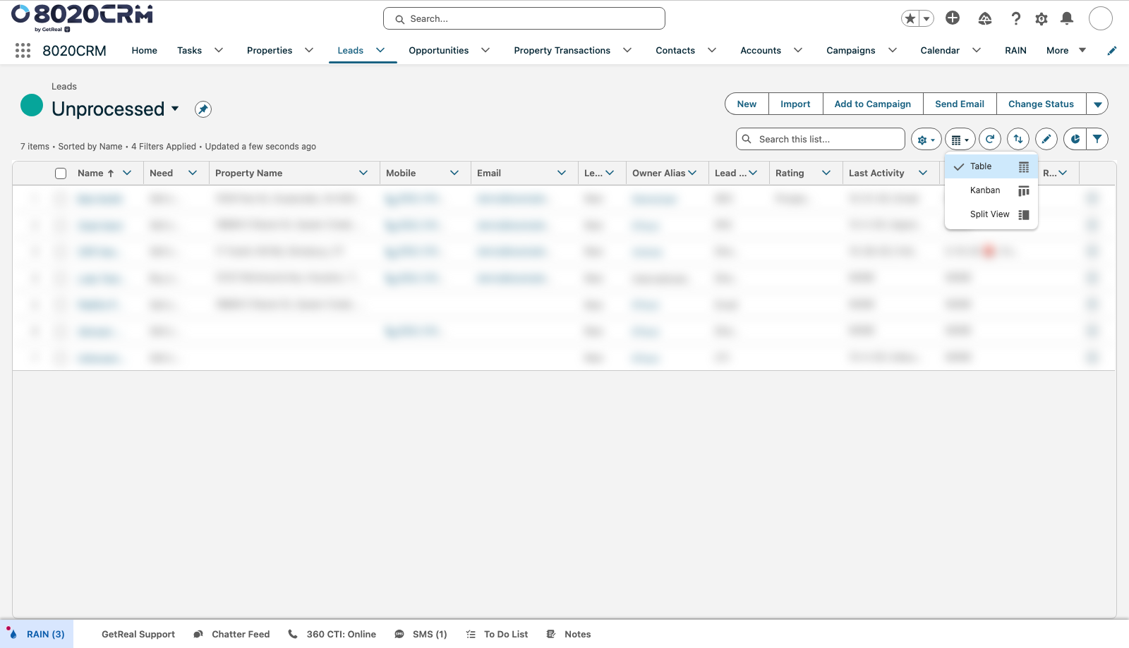 Select list display menu showing Table, Kanban, and Split View