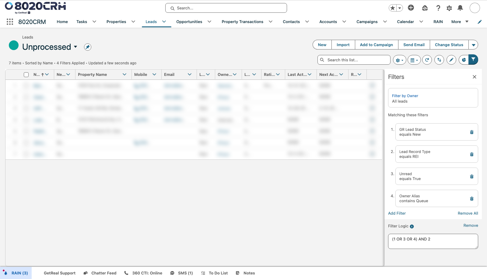 Unprocessed Lead list with its configured Filters panel open