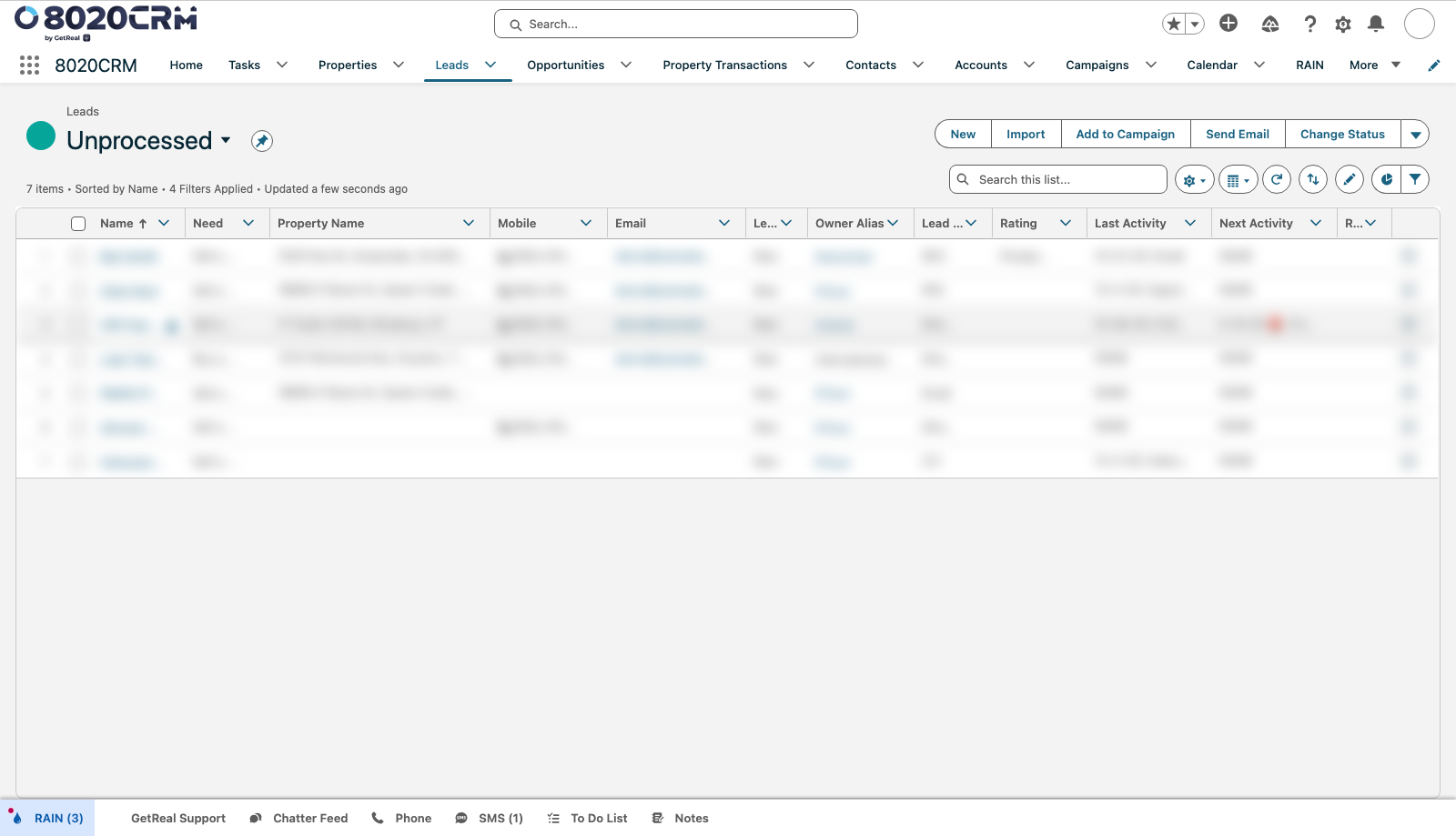 Unprocessed Lead list showing list name, actions, search, controls, business columns, selection, and utility items