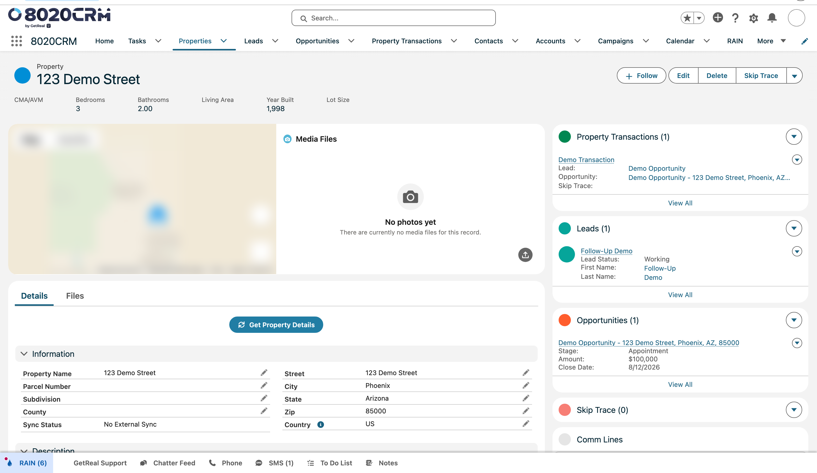 Property record showing the photo workspace, key facts, related Leads and Transactions, Details and Files tabs, and Get Property Details action