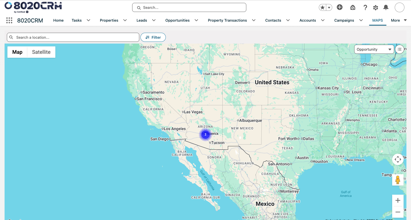 MAPS workspace with location search, filters, record context, and a broad map view