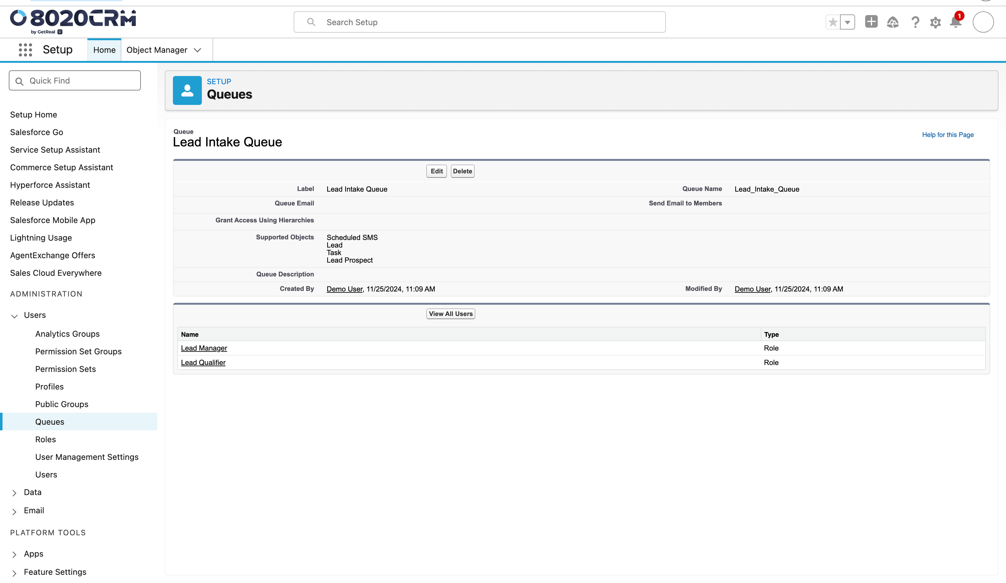 Salesforce Lead Intake Queue detail showing supported objects and role-based members
