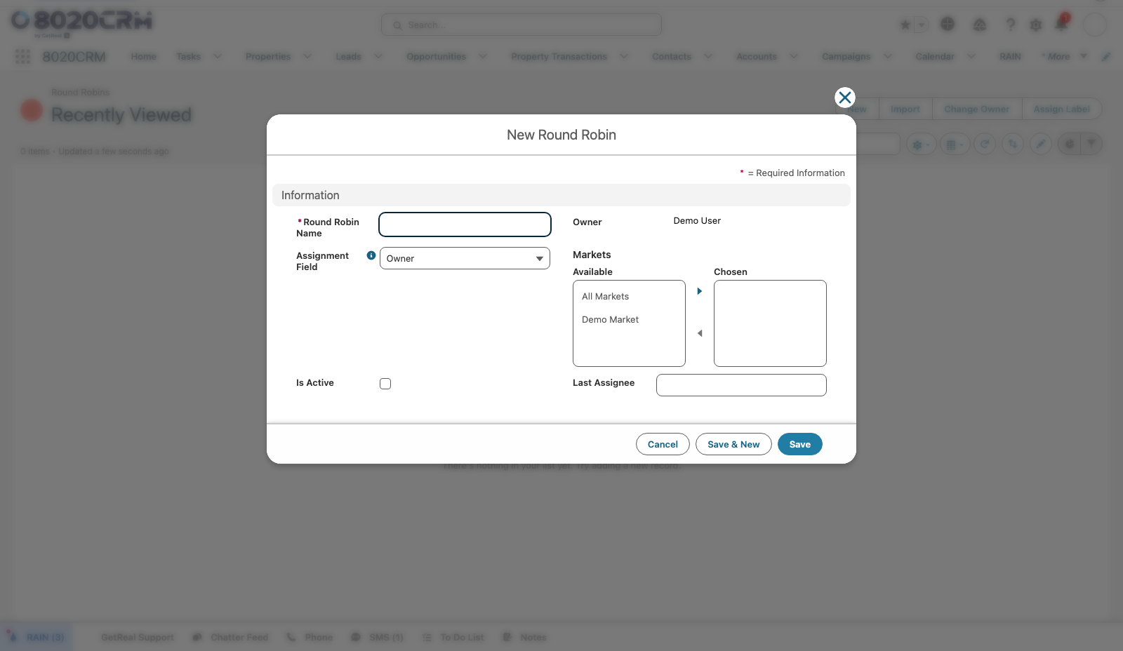 New Round Robin configuration showing assignment field, market selection, active state, owner, and last assignee