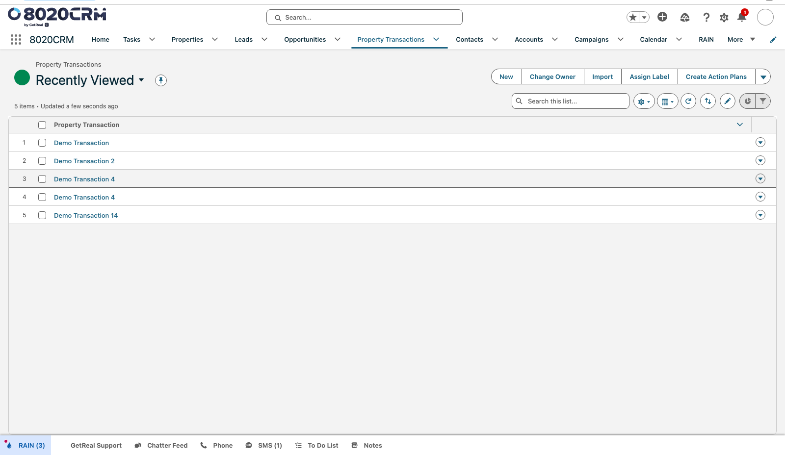 Property Transactions list showing row selection, list controls, and the Create Action Plans list action