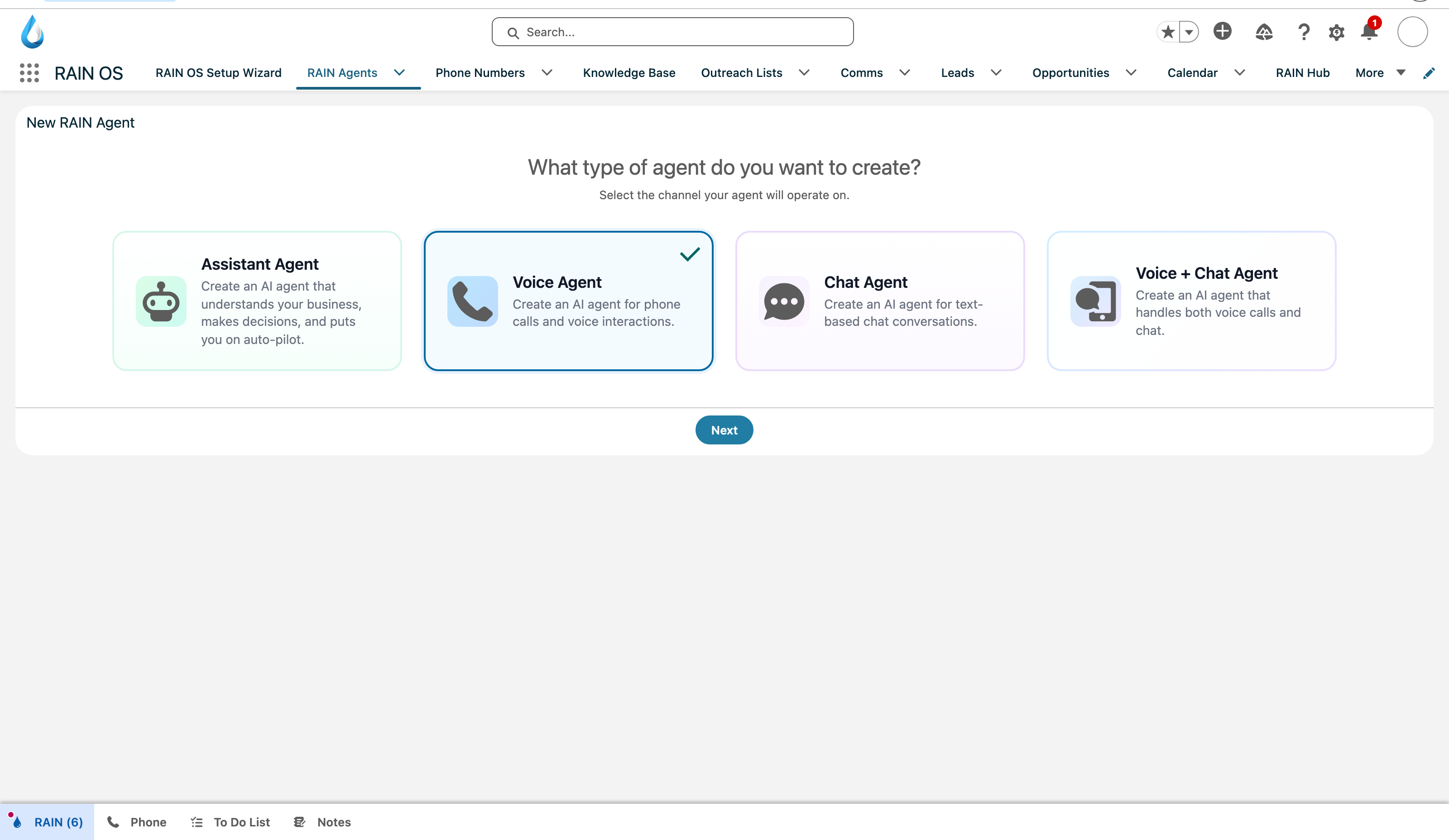 RAIN OS Salesforce application showing the primary navigation and the New Agent type-selection state