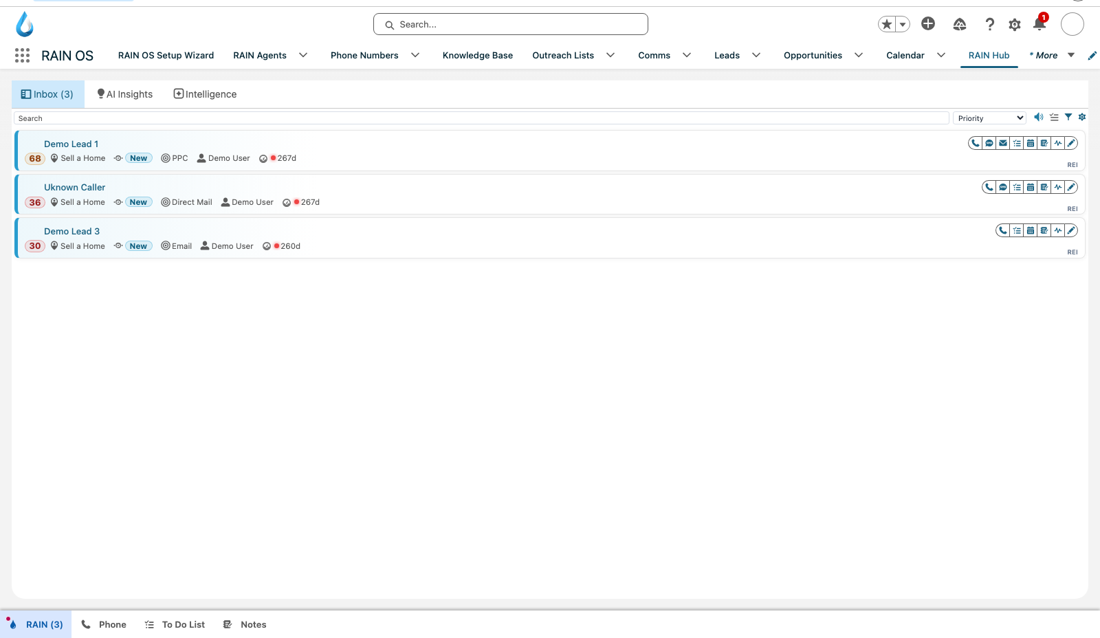 RAIN Hub Inbox showing search, priority sorting, Inbox, AI Insights and Intelligence tabs, display chips, and row actions