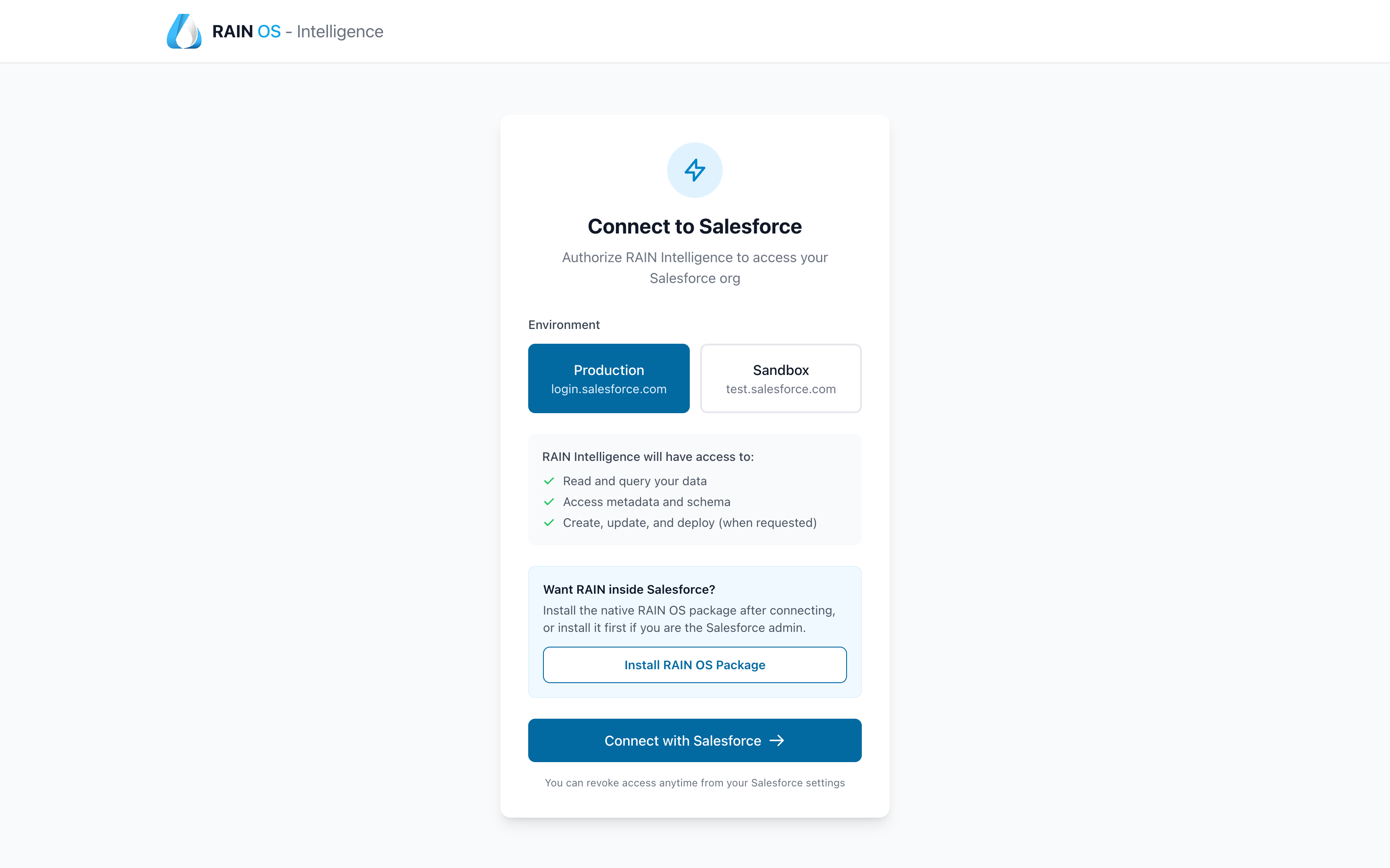 RAIN Intelligence connection screen with the Install RAIN OS Package action separated from Salesforce OAuth
