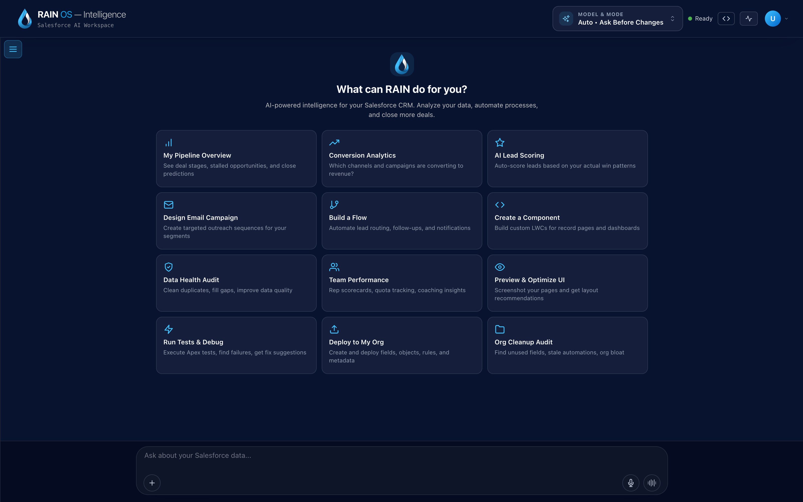 RAIN Intelligence chat workspace with model and gate controls, prompt starters, and composer