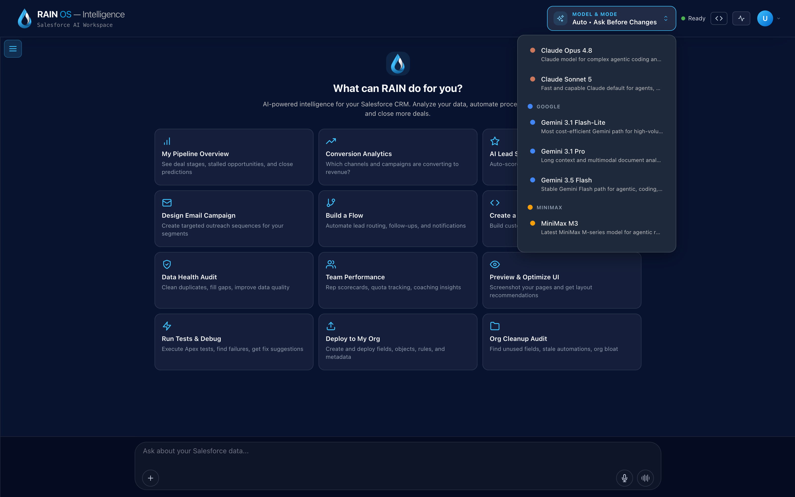 RAIN Intelligence model selector showing automatic routing and available provider groups